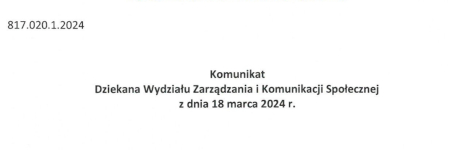 Komunikat w sprawie zajęć zdalnych w terminie 3-7 kwietnia 2024 r.
